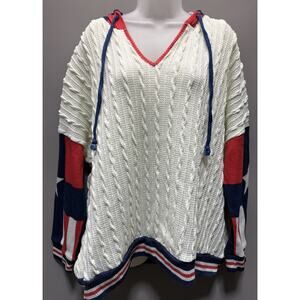 Luukse Women's White Patriotic Long Sleeve Hooded Knit Casual Sweater 2X